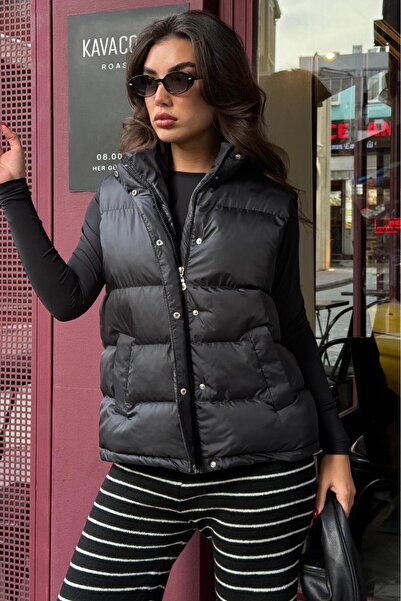 Madmext Black Mock Neck Lined Women's Puffer Vest Mg2592