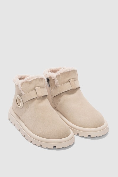 selin shoes Luva Genuine Leather Adjustable Buckle Detailed Side Zipper Women's Boots - Beige Suede