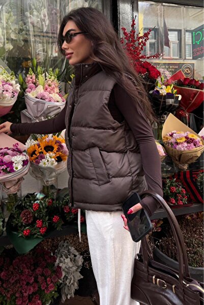 Madmext Brown Mock Neck Lined Women's Puffer Vest Mg2592