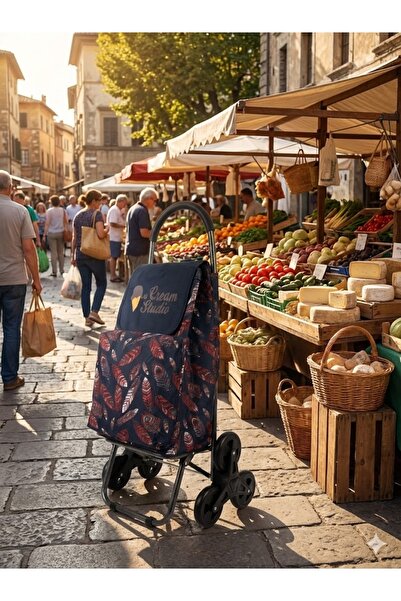 Vadi Desenli Katlanabilir Alüminyum Gövdeli 3 Tekerlekli Alışveriş Market Pazar Arabası