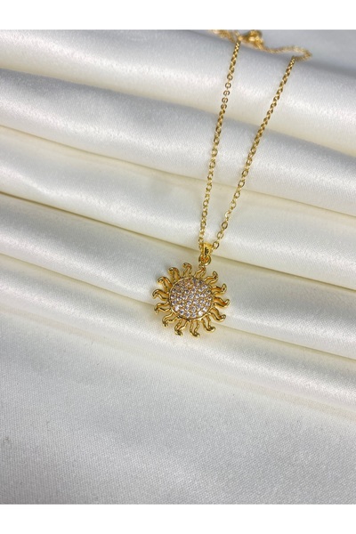 Furtek Aksesuar Women's Sun Model Steel Gold Necklace Daily Gift Minimal Zircon Stone Minimal