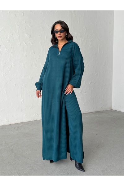 BEJNA Women's Zippered Collar Maxi Dress Pants Two-Piece Knitwear Set