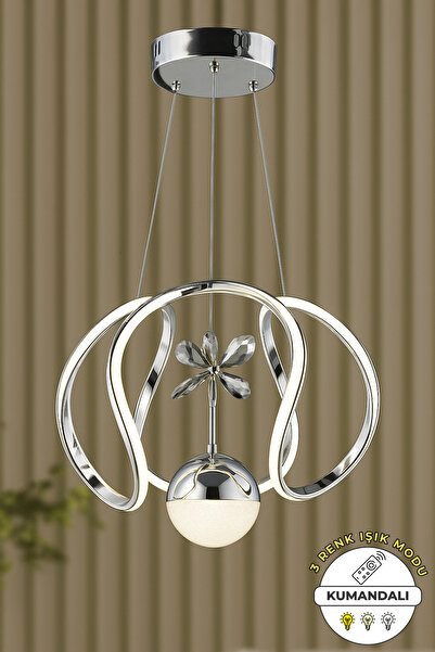 Dekorluna Aura Kumandalı Krom 3 Renk Işık Özellikli Dimmerli Modern Kaplama Sarkıt Led Salon Mutfak Avize