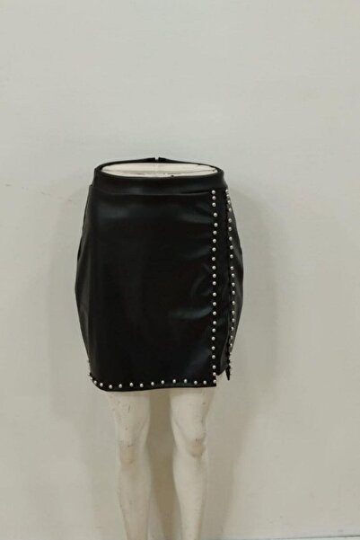 Mossta High Waist Studded Mini Leather Skirt - Black