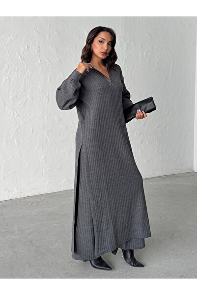 BEJNA Women's Zippered Collar Maxi Dress Pants Two-Piece Knitwear Set