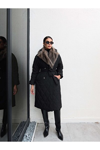 ESRAHELVACI Fur Collar Quilted Pattern Long Coat