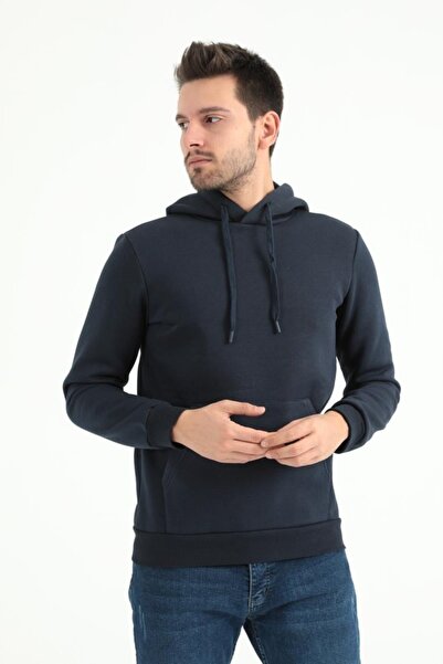 trender بغطاء رأس  Kanguru Cep 3 İplik Ş مبطن بالصوف بيسك سويت للرجال 5281 أسود