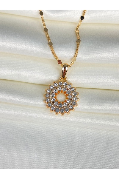 Furtek Aksesuar Women's Double Row Zircon Stone Ring Necklace Steel Plated Rose Gold Minimal Model