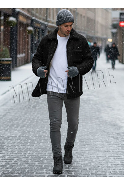 Millionaire Men's Black Faux Lamb Fur Plush Shirt Collar Model Buttoned Jacket Cardigan Coat Sweatshirt Fleece