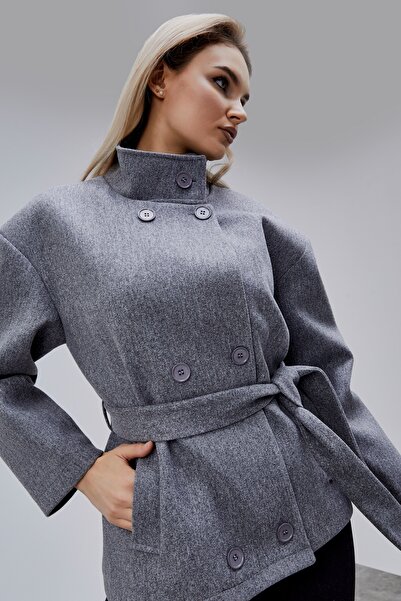 Bolivente Carvella Gray Mock Neck Belted Cashmere Jacket