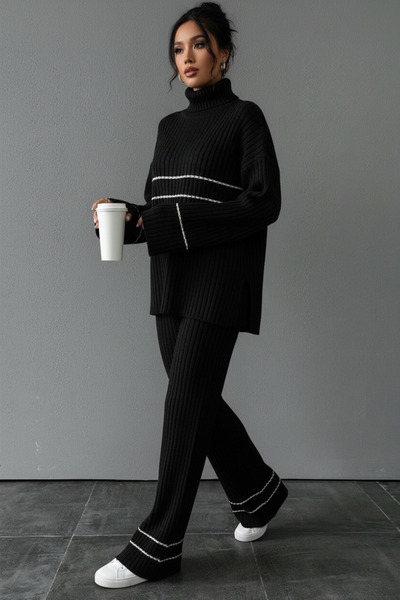 NEWCO Ecru Stripe Detailed Fisherman's Turtleneck Corded Fabric Knitwear Two-Piece Set Comfortable Fit