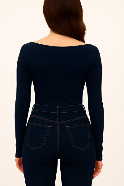 Hayalet Soft Textured Cotton Woven Long Sleeve Princess Boat Neck Finger-Looped Bodysuit Modal T-Shirt