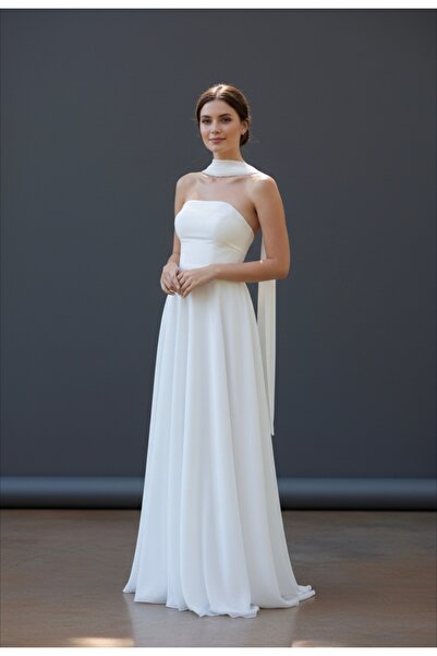 ENDAMIM Wedding Engagement Evening Dress Outerwear Dress Strapless Shawl Detail, Flared Chiffon Wedding Dress