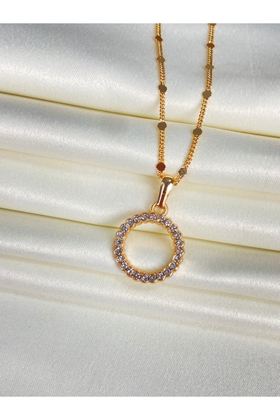 Furtek Aksesuar Women's Round Ring Necklace Steel Plated Rose Gold Zircon Stone Minimal Model