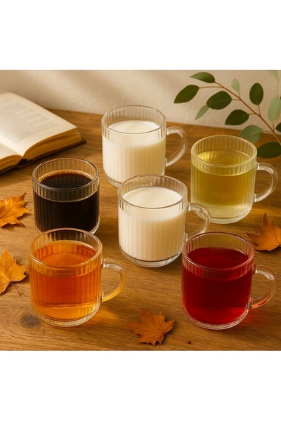 turzuccaciye 6' LI Kulplu Borosilikat Çizgili Cam Kahve Çay Kupa Bardağı 100 ml (brillant)