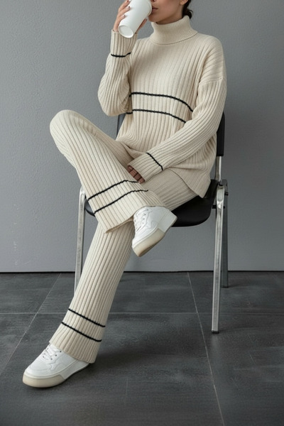 NEWCO Ecru Stripe Detailed Fisherman's Turtleneck Corded Fabric Knitwear Two-Piece Set Comfortable Fit