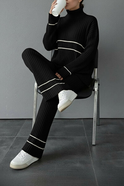 NEWCO Ecru Stripe Detailed Fisherman's Turtleneck Corded Fabric Knitwear Two-Piece Set Comfortable Fit