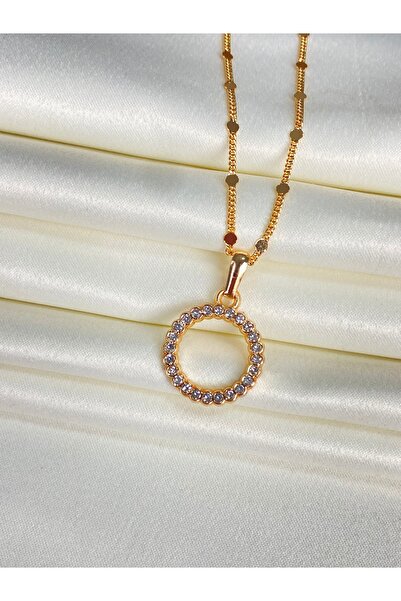 Jewelliss Kadın Yuvarlak Halka Kolye Çelik Kaplama Rose Gold Zirkon Taşlı Min...