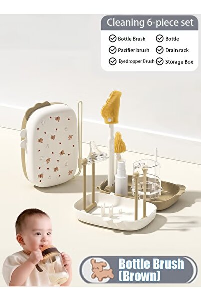 Generic 6 in 1 Baby Bottle Brush Baby Bottle Cleaning Set Silicone Baby Nipple Cup Nipple Straw Brush-Brown