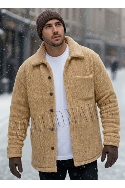 Millionaire Men's Camel Faux Lamb Fur Plush Shirt Collar Model Buttoned Jacket Cardigan Coat Sweatshirt Fleece
