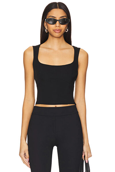 MetuCA Kadın Siyah Çift Katlı Sandy Kumaş Kare Yaka Kalın Askılı Crop Büstiyer Atlet