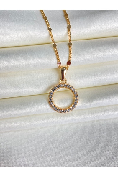 Furtek Aksesuar Women's Round Ring Necklace Steel Plated Rose Gold Zircon Stone Minimal Model