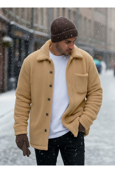 Millionaire Men's Camel Faux Lamb Fur Plush Shirt Collar Model Buttoned Jacket Cardigan Coat Sweatshirt Fleece