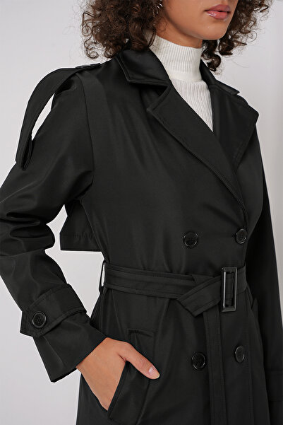 Modamorfo 5941 Double Breasted Collar Long Trench Coat - Black