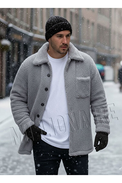 Millionaire Men's Gray Faux Lamb Fur Plush Shirt Collar Model Buttoned Jacket Cardigan Coat Sweatshirt Fleece