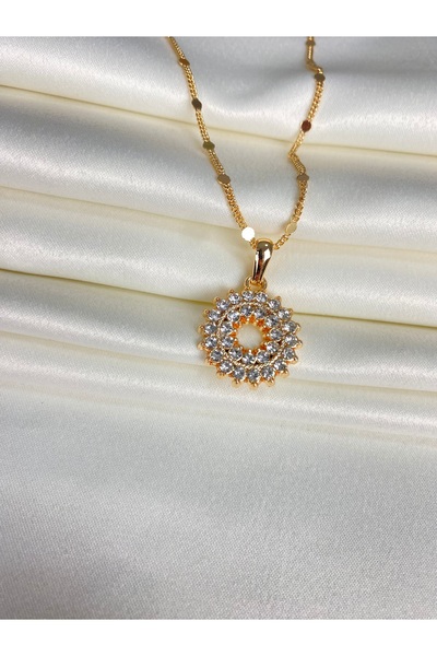 Furtek Aksesuar Women's Double Row Zircon Stone Ring Necklace Steel Plated Rose Gold Minimal Model