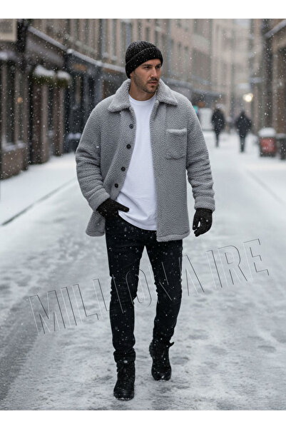 Millionaire Men's Gray Faux Lamb Fur Plush Shirt Collar Model Buttoned Jacket Cardigan Coat Sweatshirt Fleece