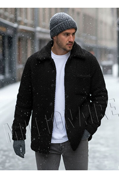 Millionaire Men's Black Faux Lamb Fur Plush Shirt Collar Model Buttoned Jacket Cardigan Coat Sweatshirt Fleece