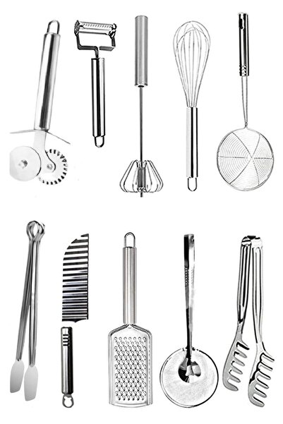 Kitchen Damys Kitchen Set Stainless Steel Colander Grater Whisk Pizza Cutter 10-Piece Set