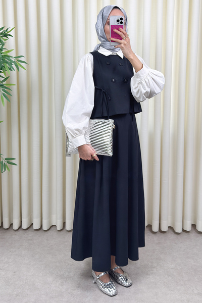 Salih Çelebi Button Detailed Vest Set Set 0049 - Dark Blue