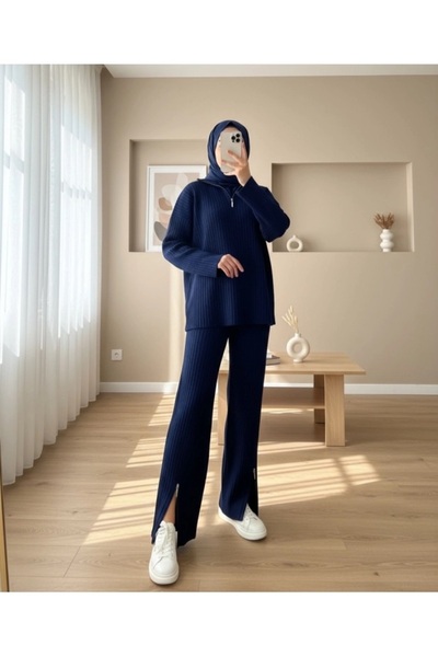 miratriko Zipper Detail Knitwear Sweater Trousers Double Set