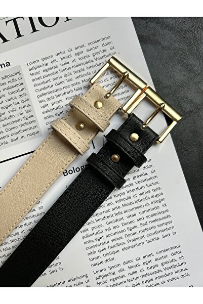 LİA KEMER 2-Pack Lyric Square Patterned Women's Gold Buckle Belt Jacket Belt Dress Belt Trouser Belt