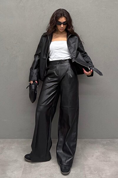 Madmext Black Pensli Palazzo Women's Leather Trousers Mg2612