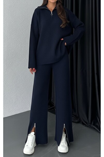 miratriko Zipper Detail Knitwear Sweater Trousers Double Set