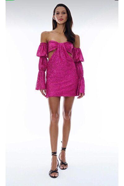 Quzu Flame Sequined Cut Out Detailed Evening & Party & New Year & after Dress