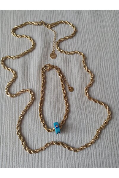 KobalBusiness Çelik Set| 60cm 4mm Burgu Zincir| 17cm 4mm Burgu Seramik Nazarlık Bileklik Set|