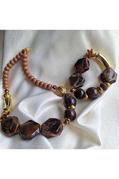 azra takı tasarım Handmade Coffee Tone Short Women's Necklace and Bracelet Set