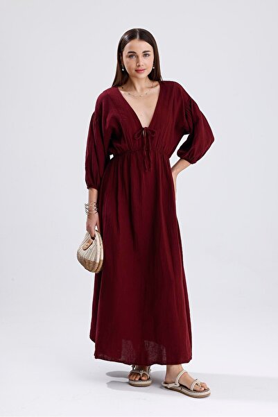 VELİZADE Γυναικείο μπορντό φόρεμα Comfort Model με λαιμόκοψη V, μανίκια μπαλό...