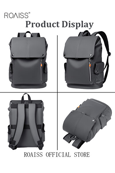 ROAISS Functional PU Leather Backpack Large Capacity Short Distance Travel Solid Color Design Workwear Styl