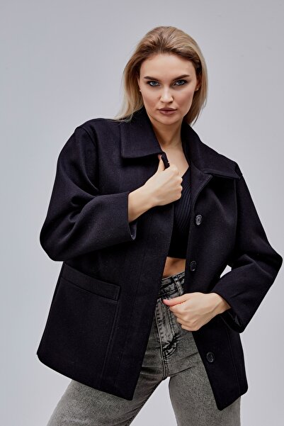 Bolivente Camille Black Oversized Lined Cashmere Jacket with Pocket Detail