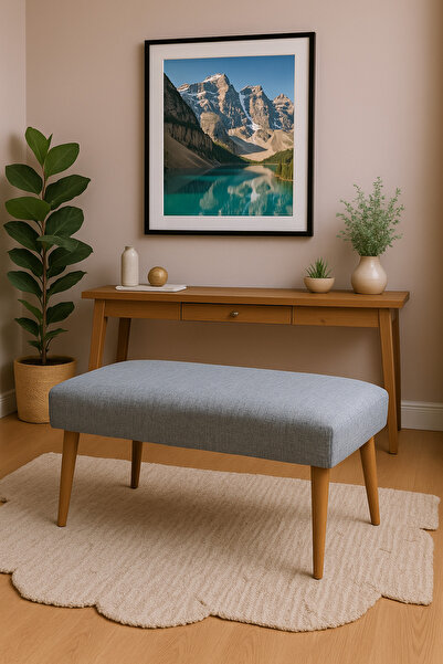 Azra Mobilya Modern Keten Kumaş Puf Bench 90x45 cm – Demonte Ahşap Ayaklı Otu...