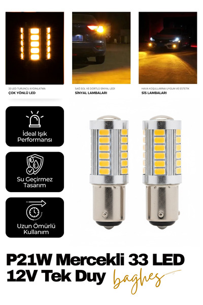 Baghes P21w Mercekli Led 93 Sinyal Stop Ampul 33 Led 12v Tek Duy Düz Tırnak T...
