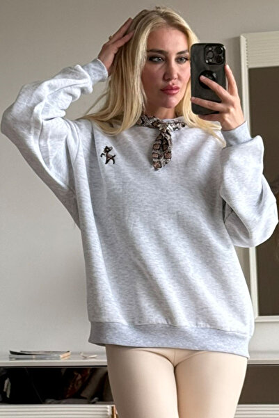 CİDDE Women's Scarf Three Thread Sh Fleece-Lined Deer Embroidered Sweatshirt