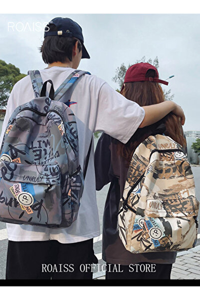 ROAISS Unisex Backpack, Stylish Graffiti-Style Design, Large Capacity Durable Construction, Smooth Zippers