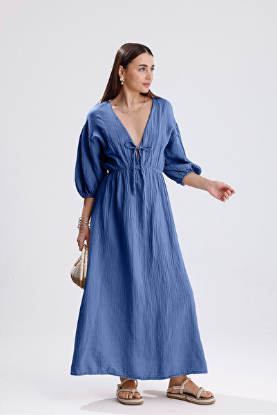 VELİZADE Γυναικείο Μπλε Φόρεμα Comfort Model V-Neck με μανίκια μπαλόνι, μουσε...