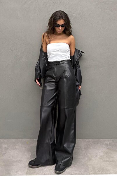 Madmext Black Pensli Palazzo Women's Leather Trousers Mg2612